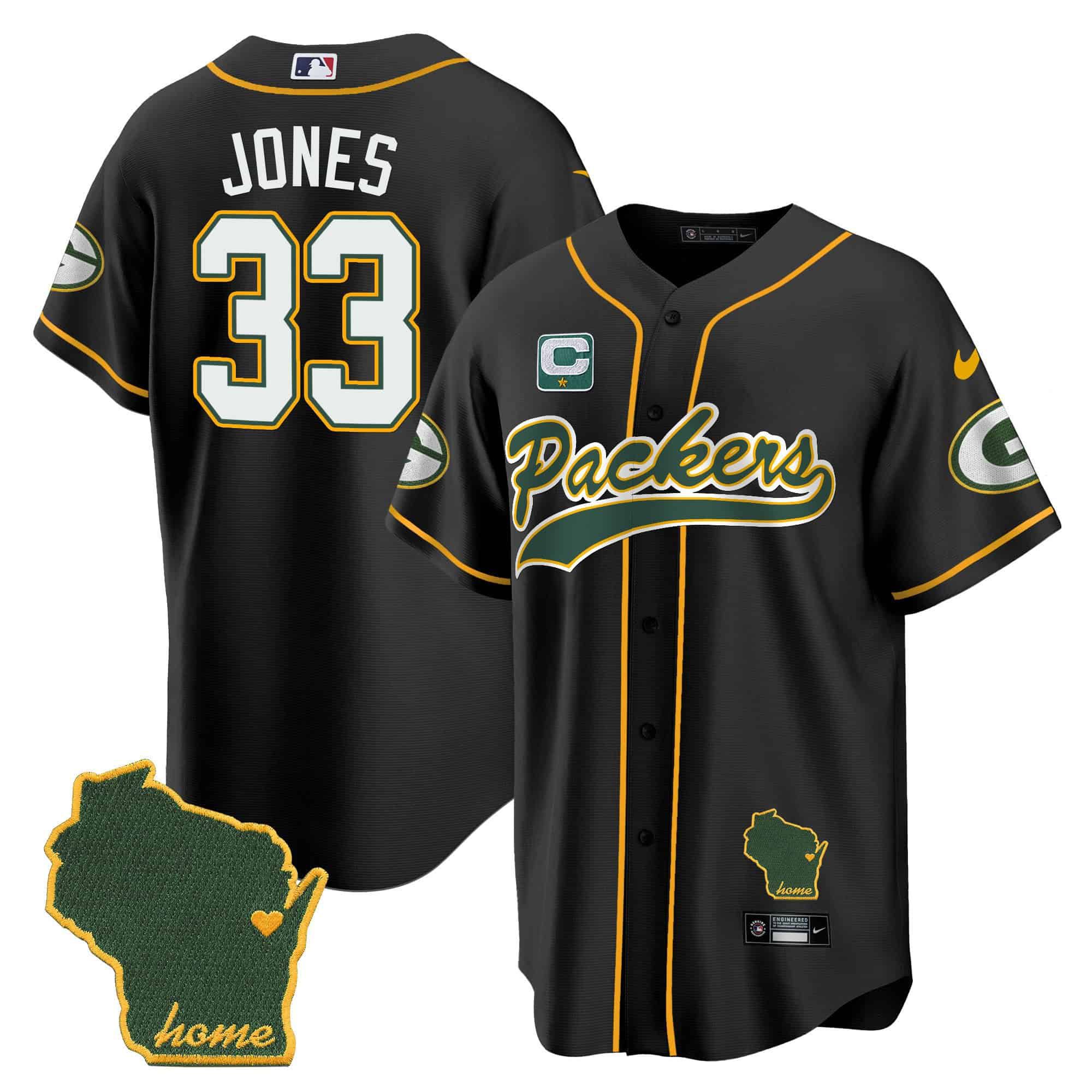 Men Green Bay Packers 33 Jones Black 2024 Nike Home Patch Baseball NFL Jersey